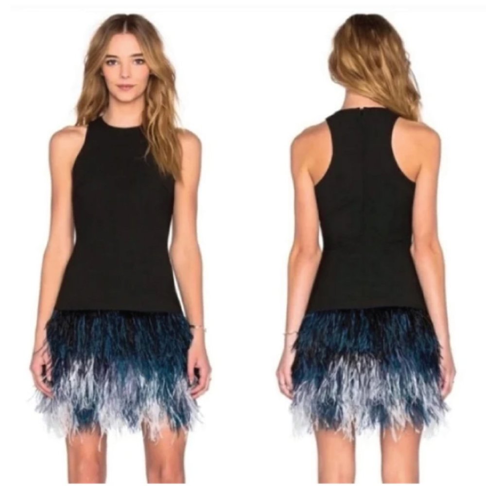 Designer Ostrich Feather Short Black/Blue Ombre Dress  Size 4  MSRP $565
